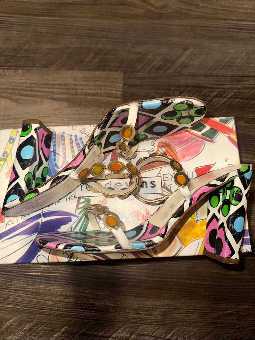 Giuseppe Zanotti Multicolor Geometric Mules with Gold Chain - Picture 4 of 7